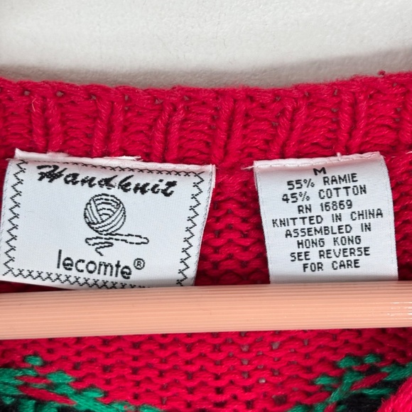 VTG 90s Lecomte Hand Knit Christmas Sweater M Teddy Bear AOP 3D Knit Red Granny - Picture 6 of 10